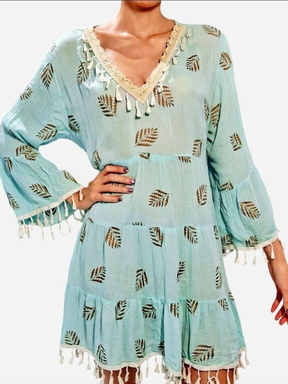 Zury viscose Blue Boho Dress Bell Sleeves Tassels Fringe Gold Leaf print S/M/L